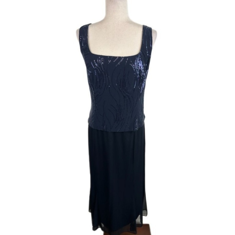 Alex Evenings Maxi Dress Women's Size 18 Navy Blue Sequin Chiffon Formal‎